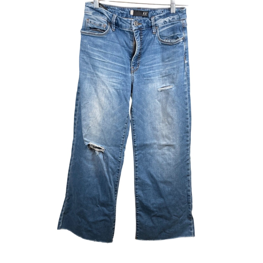 KUT from the Kloth Meg Fab Ab Wide Leg Jeans Women's 6 Blue Distressed Raw Hem